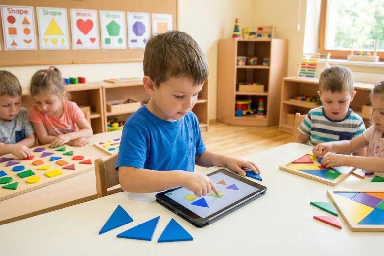 5 enfants qui apprennent les formes géométriques avec des jeux interactifs dans une salle de classe