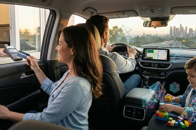 Famille en voiture qui utilise les maths pour payer, conduire et jouer