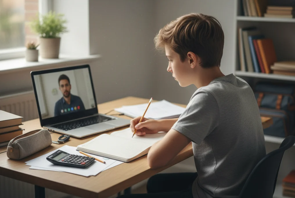 Middle school student taking an online maths lesson