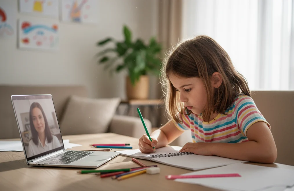 Primary school pupil working on maths exercises with a tutor