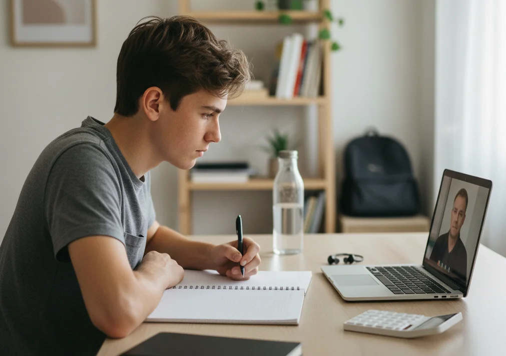High school student attending an online maths tutoring session
