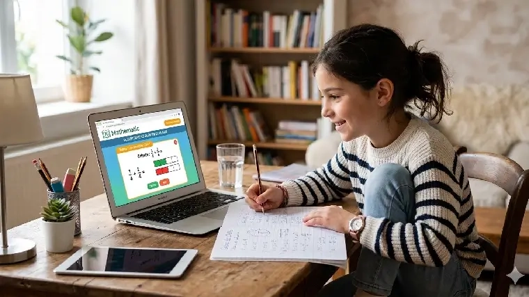 Primary school girl smiling while working on fractions on a computer